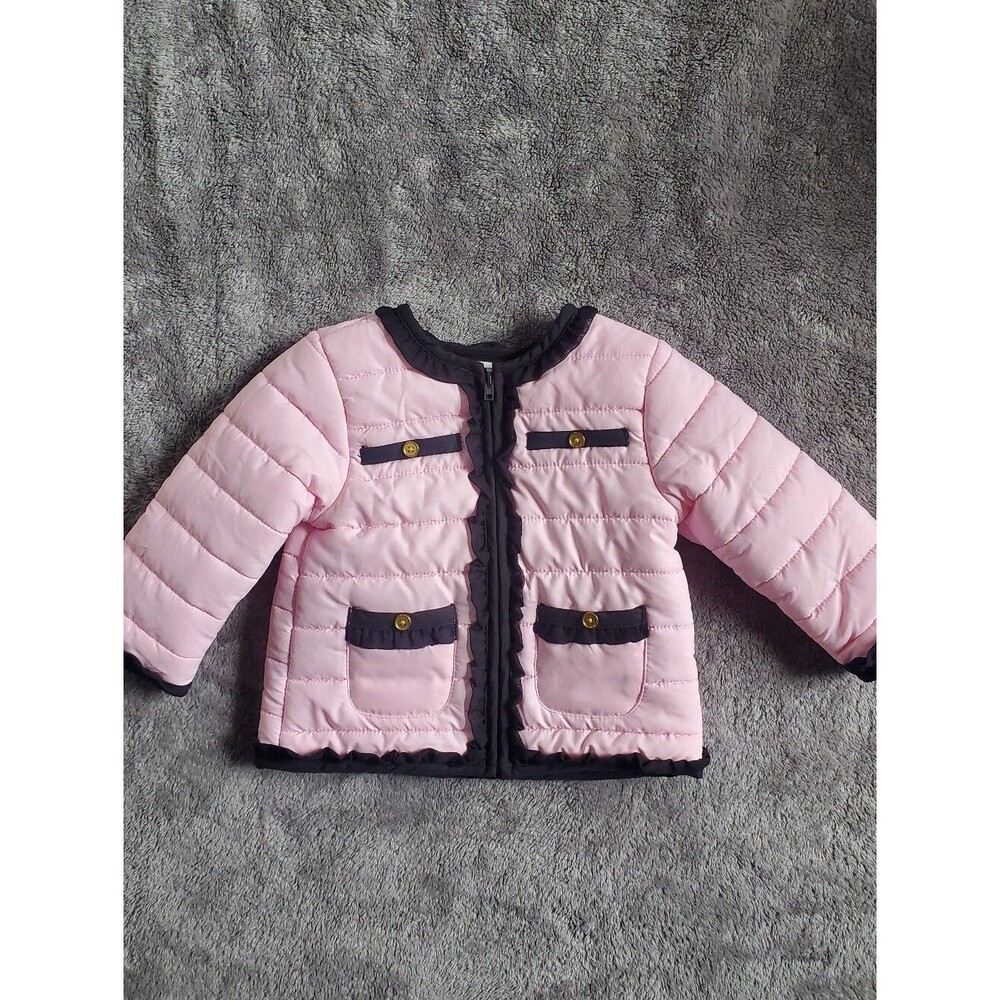 Baby Girl 18M Pink Quilted Puffer Jacket Chanel Style Ruffle Trim Gold Button